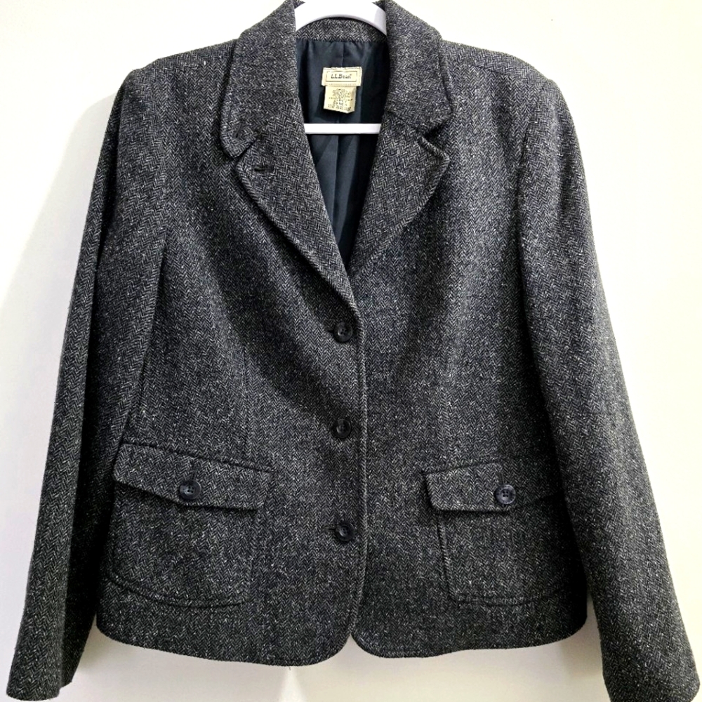S O L D  LL Bean Dark Gray Tweed Wool Blend Tailored Blazer size L/P - Picture 3 of 15